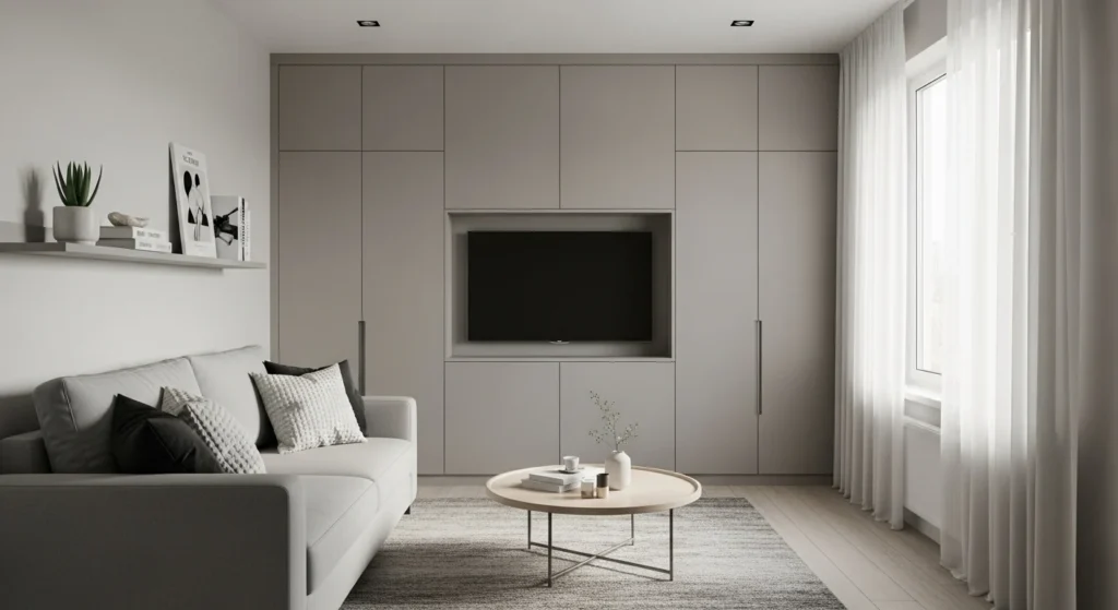 Compact living room with seamless built-in storage cabinets keeping the space organized