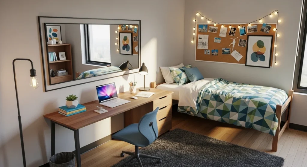 Dorm room with large mirror enhancing light and space
