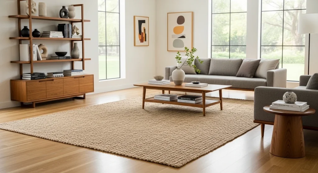 ute or sisal natural fiber rug in living room with wood accents
