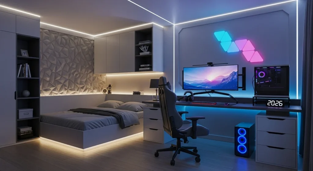 Boys bedroom with LED lighting, smart desk, and integrated technology setup