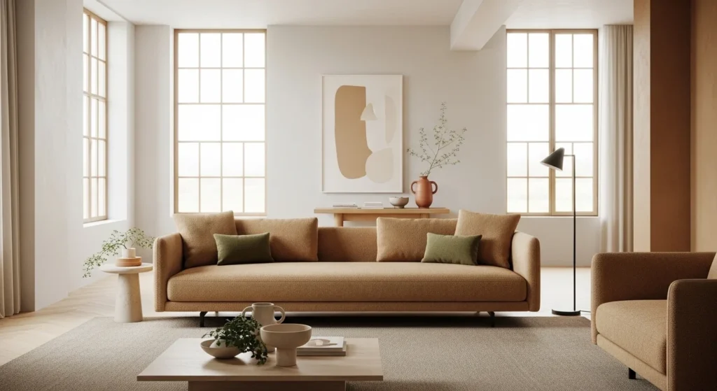 Earth-tone modern minimal sofa with warm neutral shades