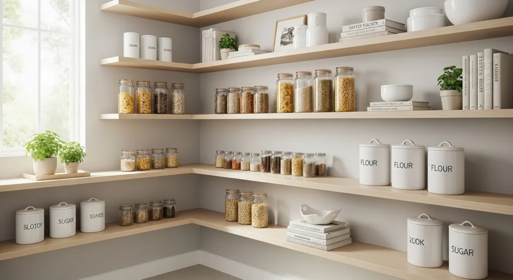 Open kitchen pantry shelving with neatly arranged items