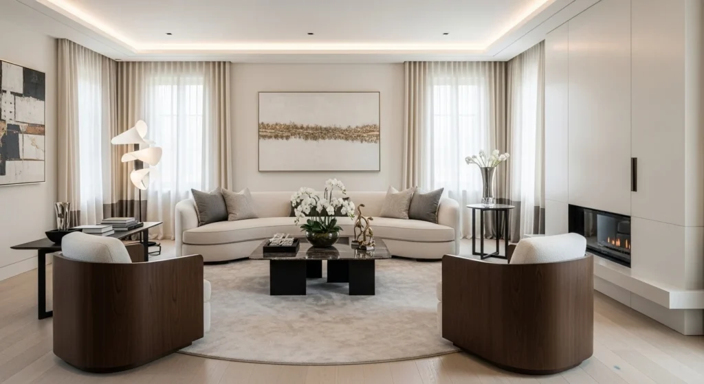 Luxury living room with curved sofa and rounded furniture