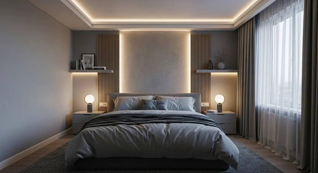 Gray bedroom featuring LED accent lighting for modern ambiance