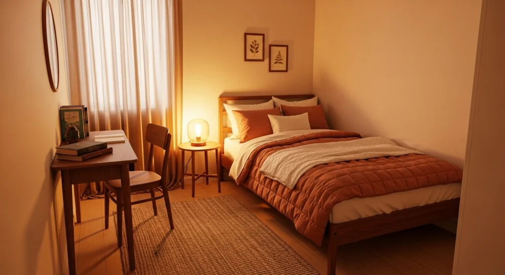 Small cozy bedroom with compact furniture, warm colors, and soft comfortable lighting