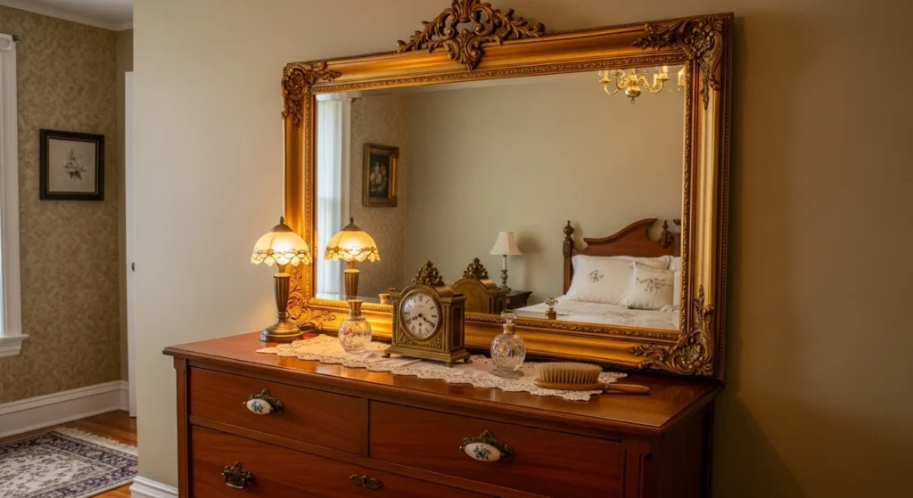 Vintage bedroom featuring decorative gold-framed ornate mirror