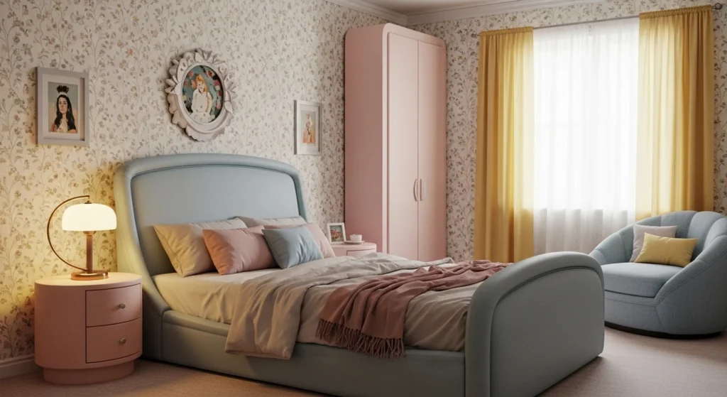Teen bedroom with pastel accents and curved vintage furniture