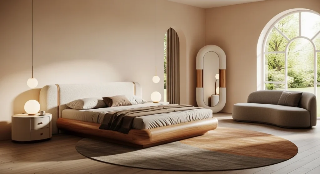 Bedroom featuring curved bed frame and rounded decor elements