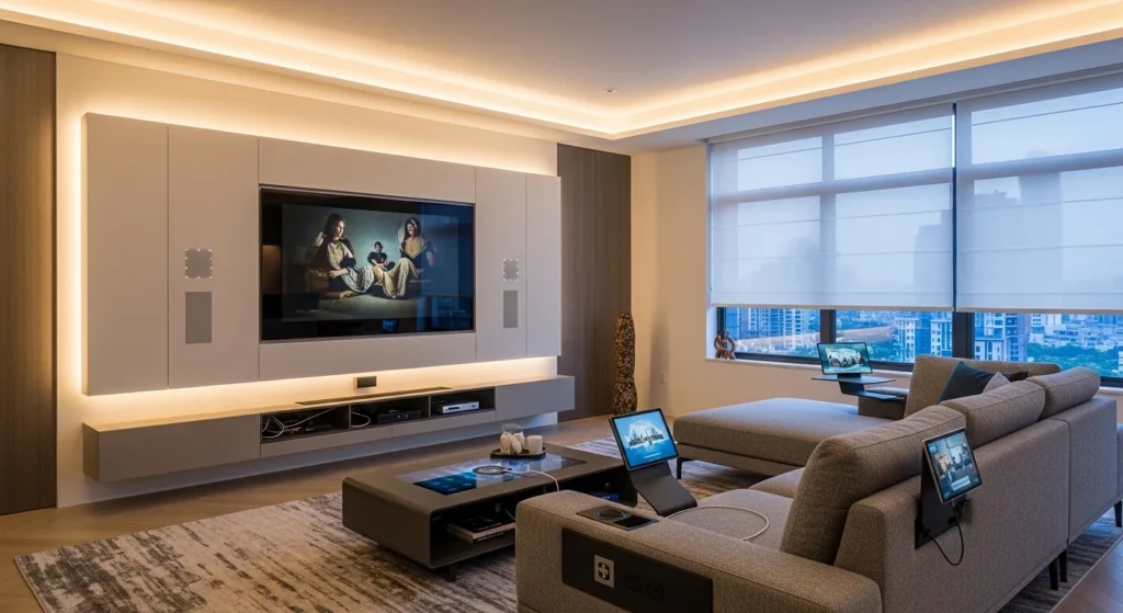 Modern living room with integrated smart lighting, speakers, and automated blinds