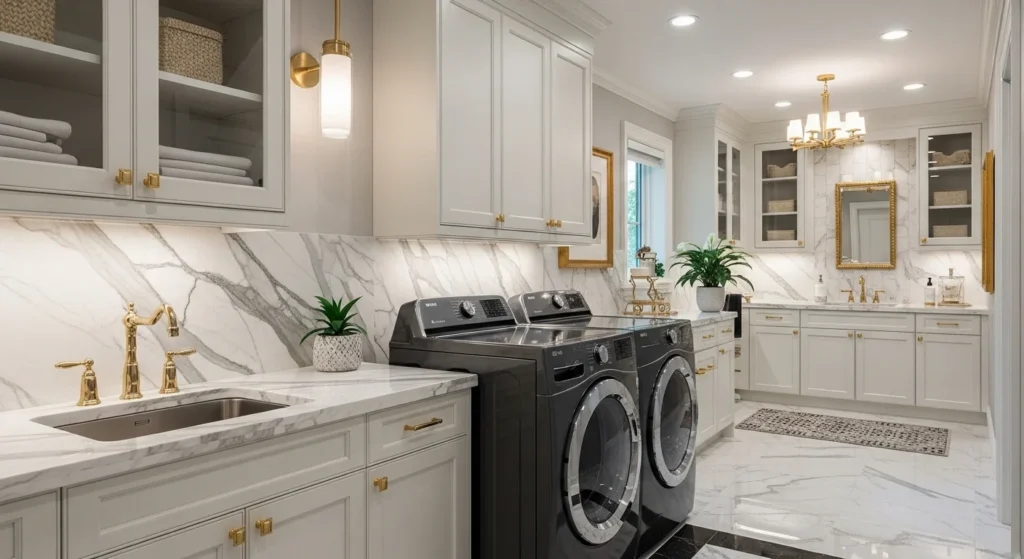 Luxury laundry room with marble countertops and gold hardware accents