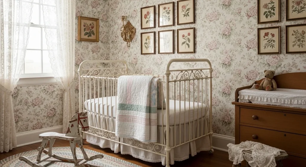 Vintage nursery with floral wallpaper and antique-style crib