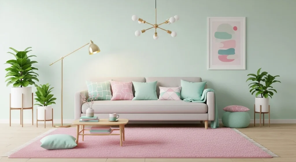 Modern parlor with pastel mint and pink accents, neutral sofa, and cozy décor