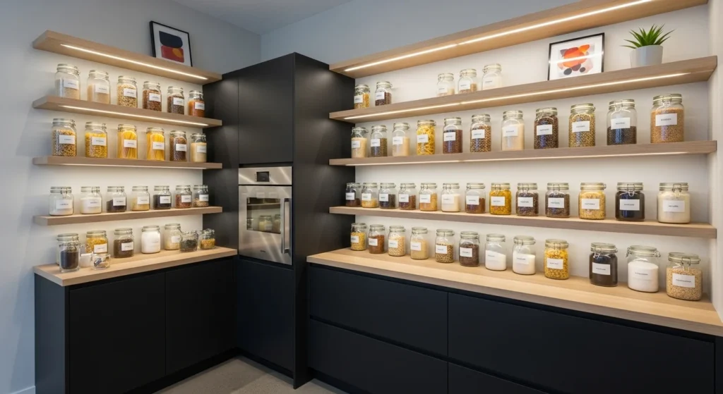 Pantry shelves illuminated with integrated LED lighting and neatly stored containers