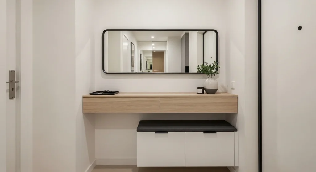 Compact apartment entryway with floating shelf and wall mirror