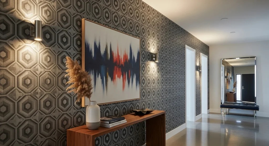 Hallway decorated with modern patterned wallpaper and elegant lighting