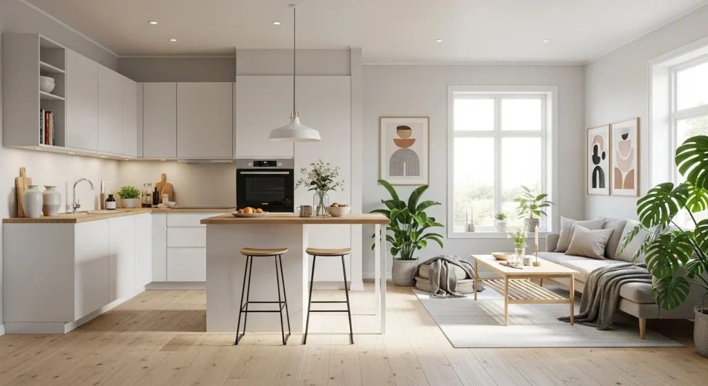 candinavian open kitchen living room with white cabinets, light wood accents, and natural dayligh