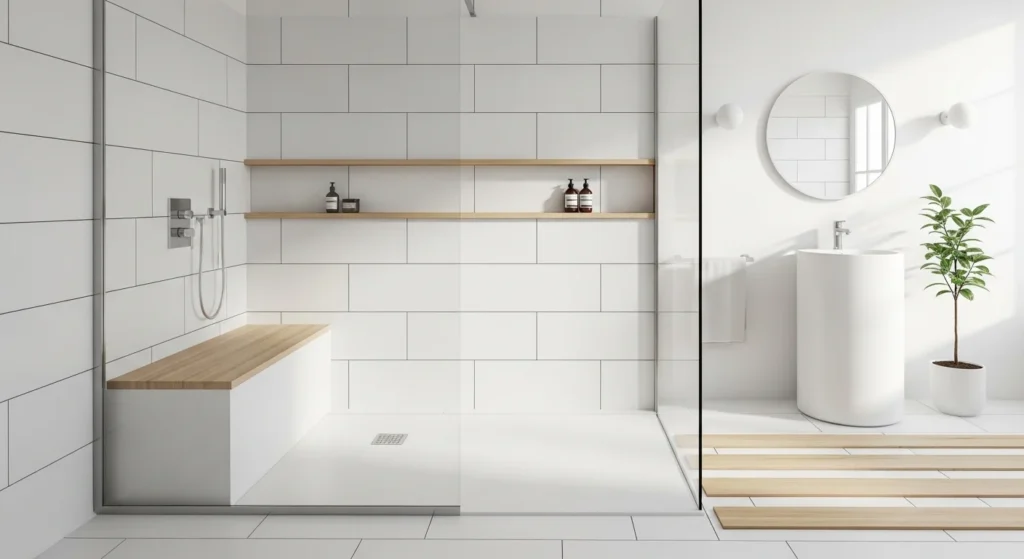 Minimalist shower with white tiles, light wood accents, and natural lighting