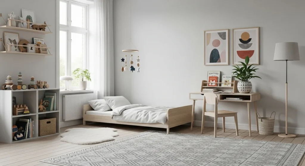 minimal Nordic kids room with neutral colors and wooden furniture