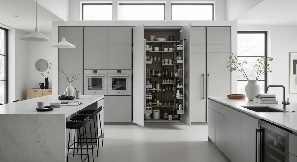 Minimal open kitchen with concealed cabinets and seamless storage solutions