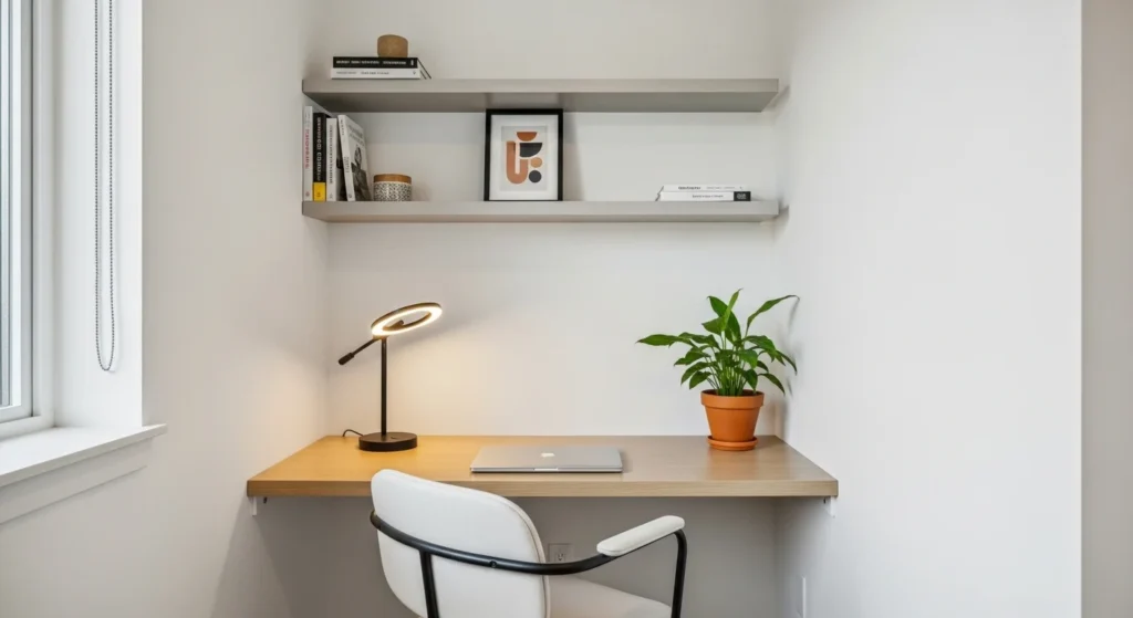 Compact workspace corner inside apartment designed for remote work productivity