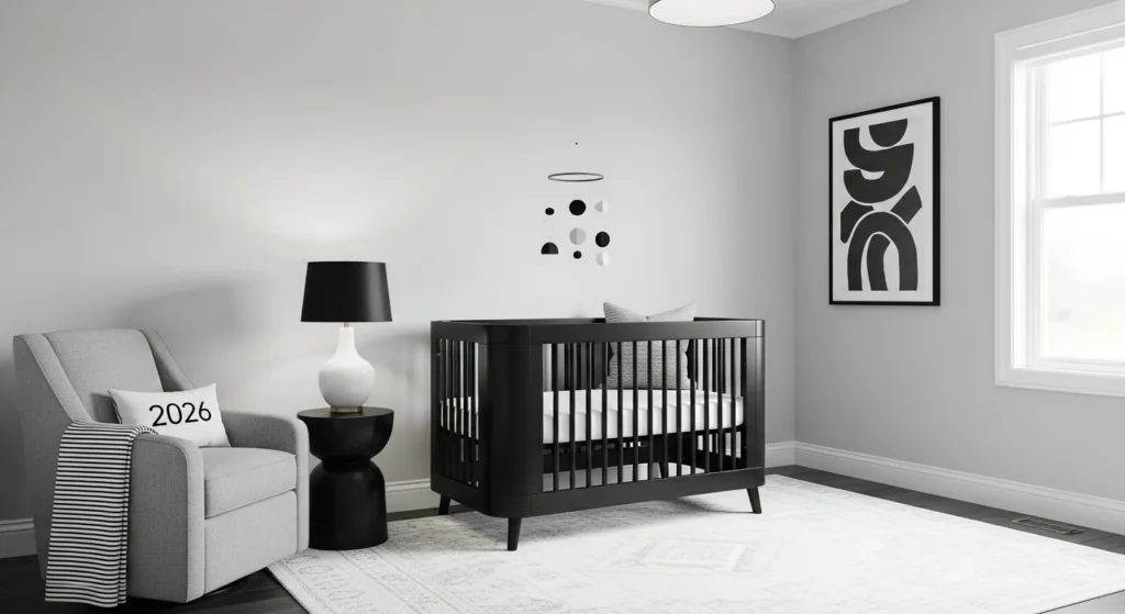 Black, white, and grey nursery with modern crib, minimalist decor, stylish 2026 baby room