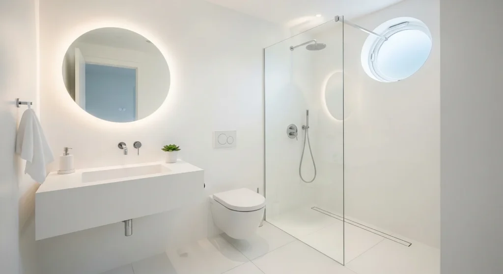 Small all-white minimalist bathroom, bright airy modern 2026 interior