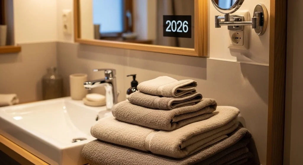 Bathroom sink styled with neatly folded towels adding hotel-inspired elegance