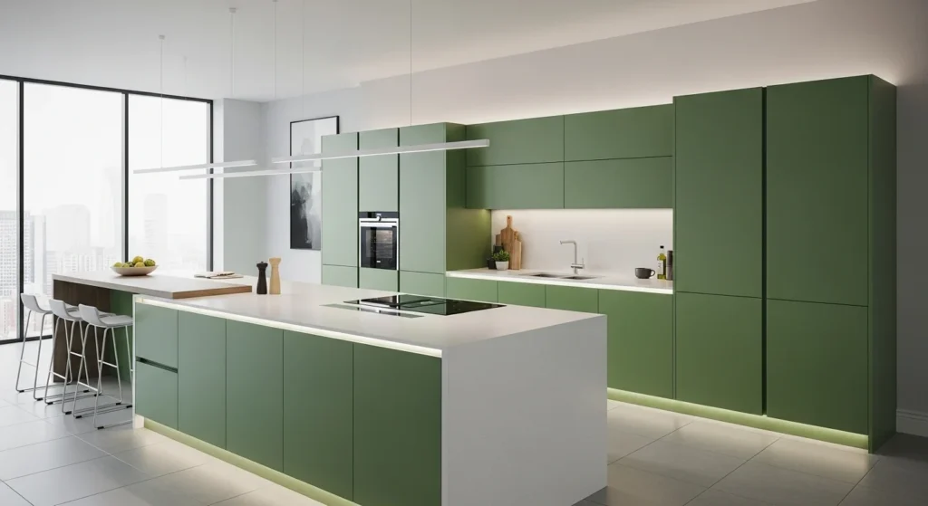Matte finish green cabinets creating sleek contemporary kitchen aesthetic