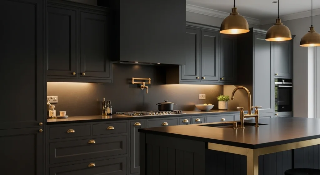 Dark charcoal kitchen with warm lighting and brass accents creating luxury 2026 look