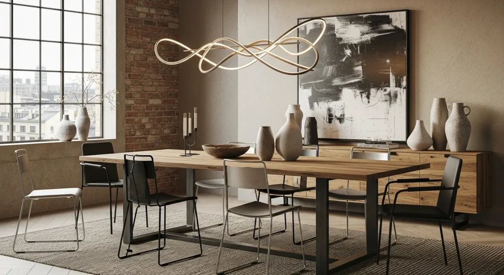 Dining room featuring a mix of wood, metal, and fabric creating a balanced modern look