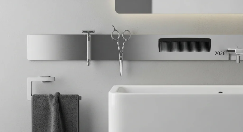 decorative ladder shelf storing towels in a modern bathroom design