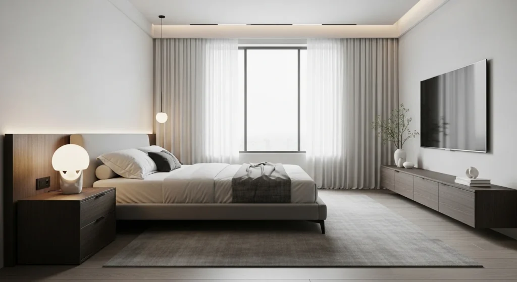 Modern bedroom with low-profile furniture creating an open and relaxed atmosphere
