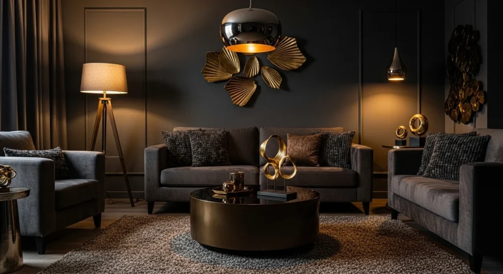 Luxury dark living room with charcoal walls, plush sofa, and metallic accents, creating a cozy cinematic 2026 interior
