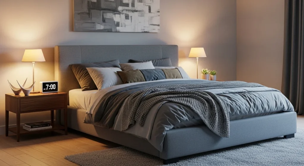 Grey bedroom featuring an upholstered bed, cozy blankets, and modern 2026 interior