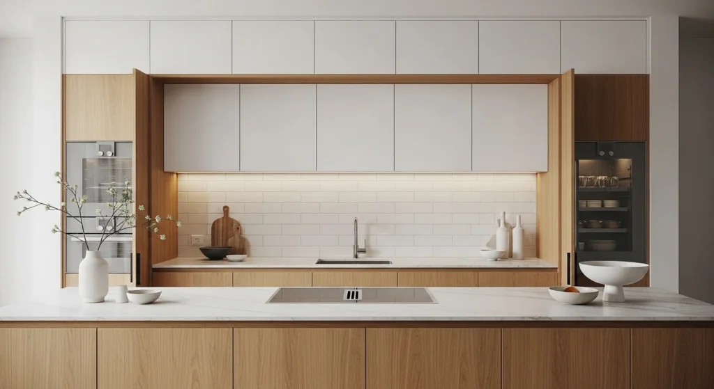 Sleek modern kitchen with integrated hidden appliances for a clean, uncluttered, and minimalist 2026 look