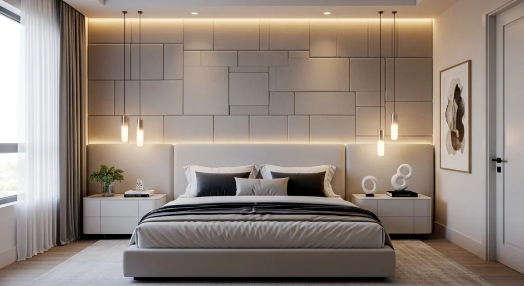 Modern master bedroom showcasing textured wall panels behind bed for depth and visual interest