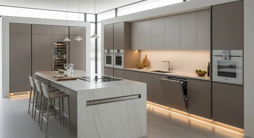 Modern kitchen with appliances hidden inside cabinetry for a clean design