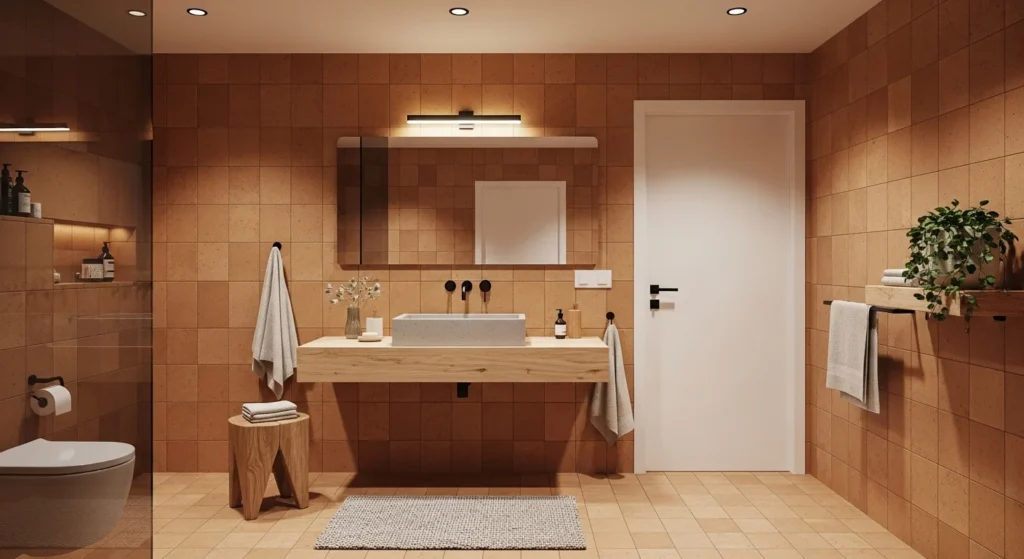 bathroom designed with warm earth tone colors and natural modern textures
