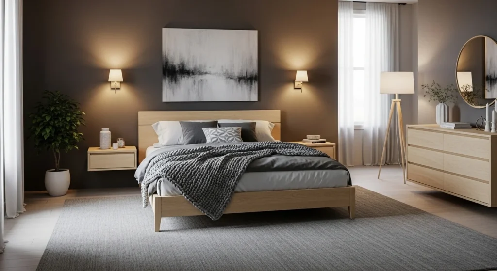 ray minimalist bedroom with warm lighting, clean lines, and layered soft textures