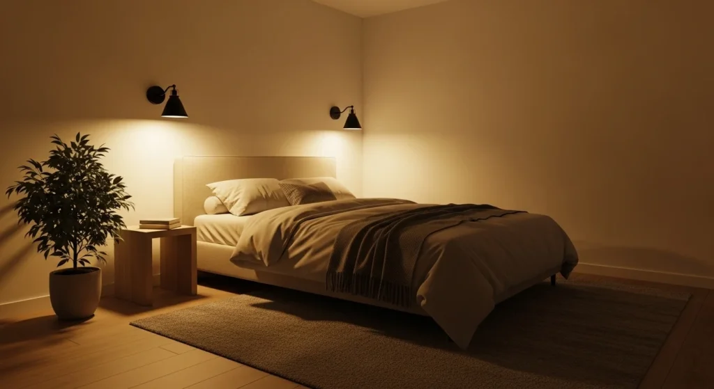 compact bedroom with wall sconces creating modern lighting without using table space
