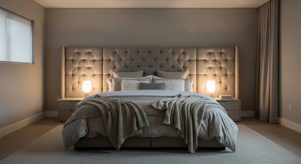 Modern neutral bedroom highlighting a large upholstered headboard as a focal point.