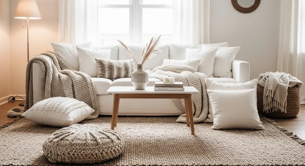 White living room featuring layered rugs, cushions and textiles for a cozy modern feel