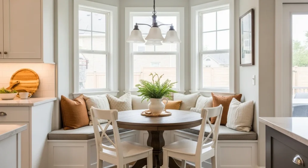 Warm kitchen featuring a comfortable breakfast nook with cushioned seating