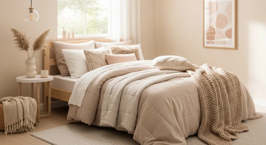 neutral beige girls bedroom with warm textures and calming modern styling