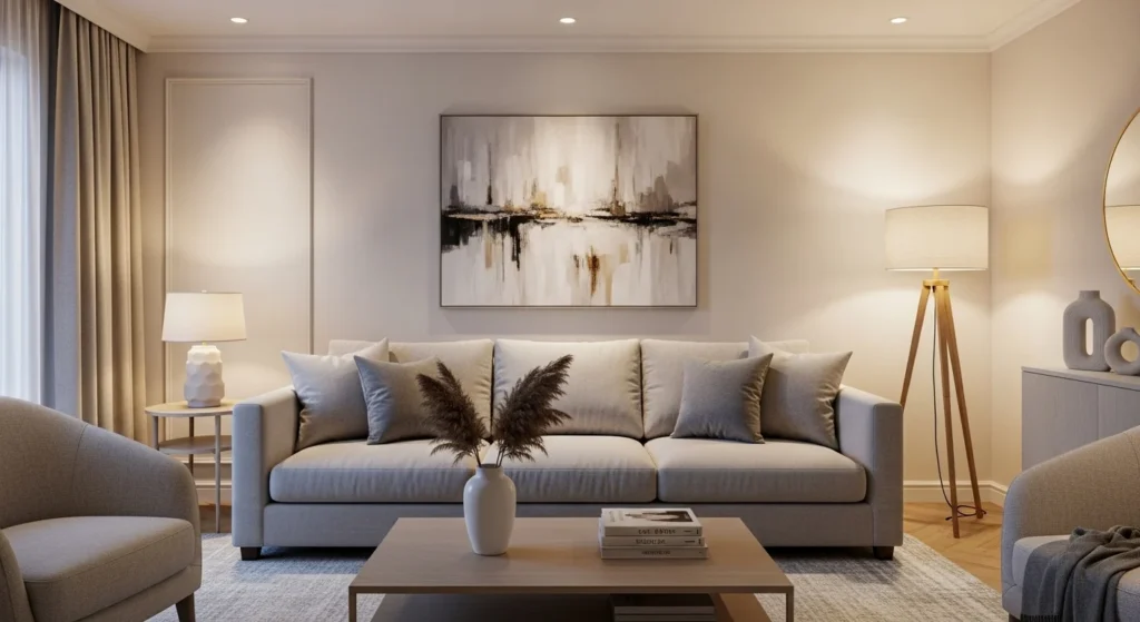 Modern gray living room centered around a bold statement sofa design.