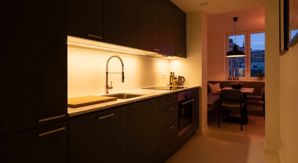 Modern small kitchen illuminated with under-cabinet LED lighting for warmth and visibility