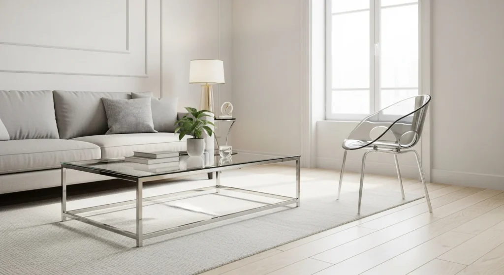 Small living room styled with glass furniture to maintain an open and airy appearance