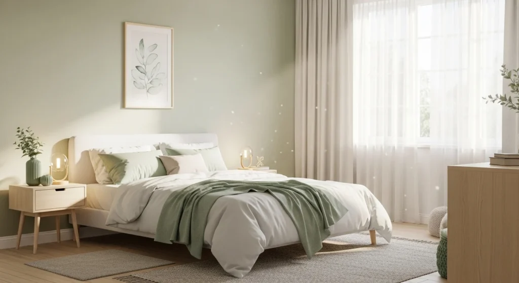 Soft pastel guest bedroom with calming tones and modern cozy styling