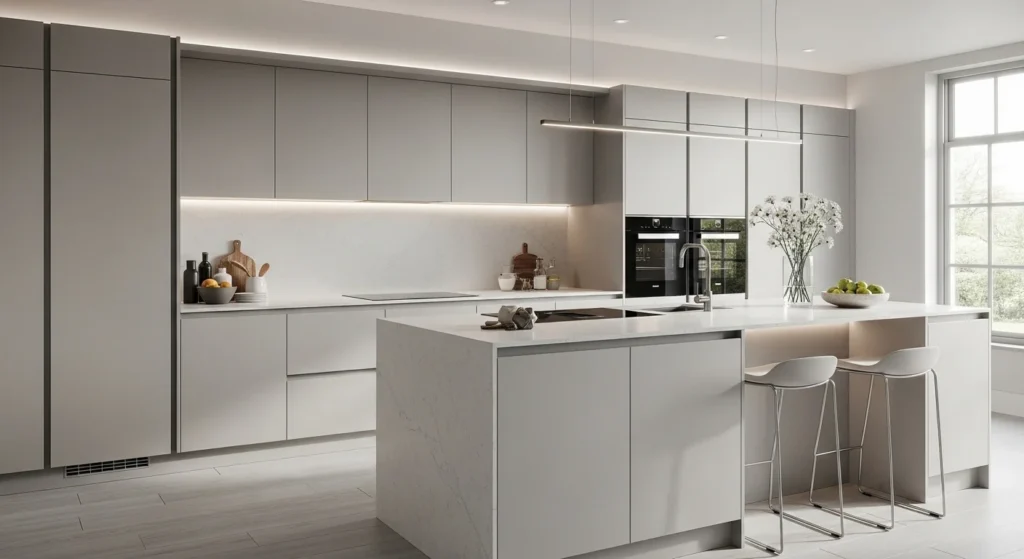 Contemporary kitchen featuring matte finish cabinets with elegant modern styling.