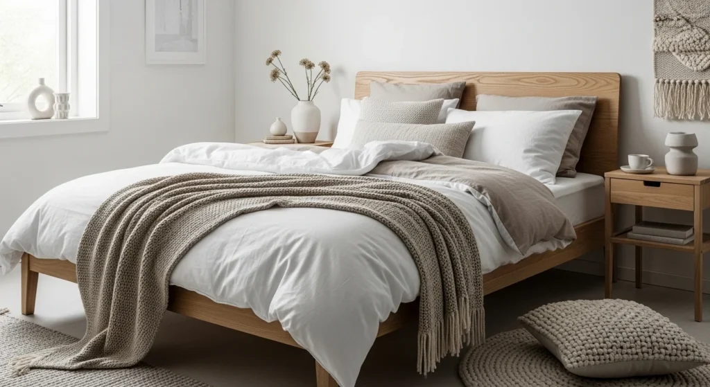 Light cozy Scandinavian bedroom with wood furniture and soft neutral bedding